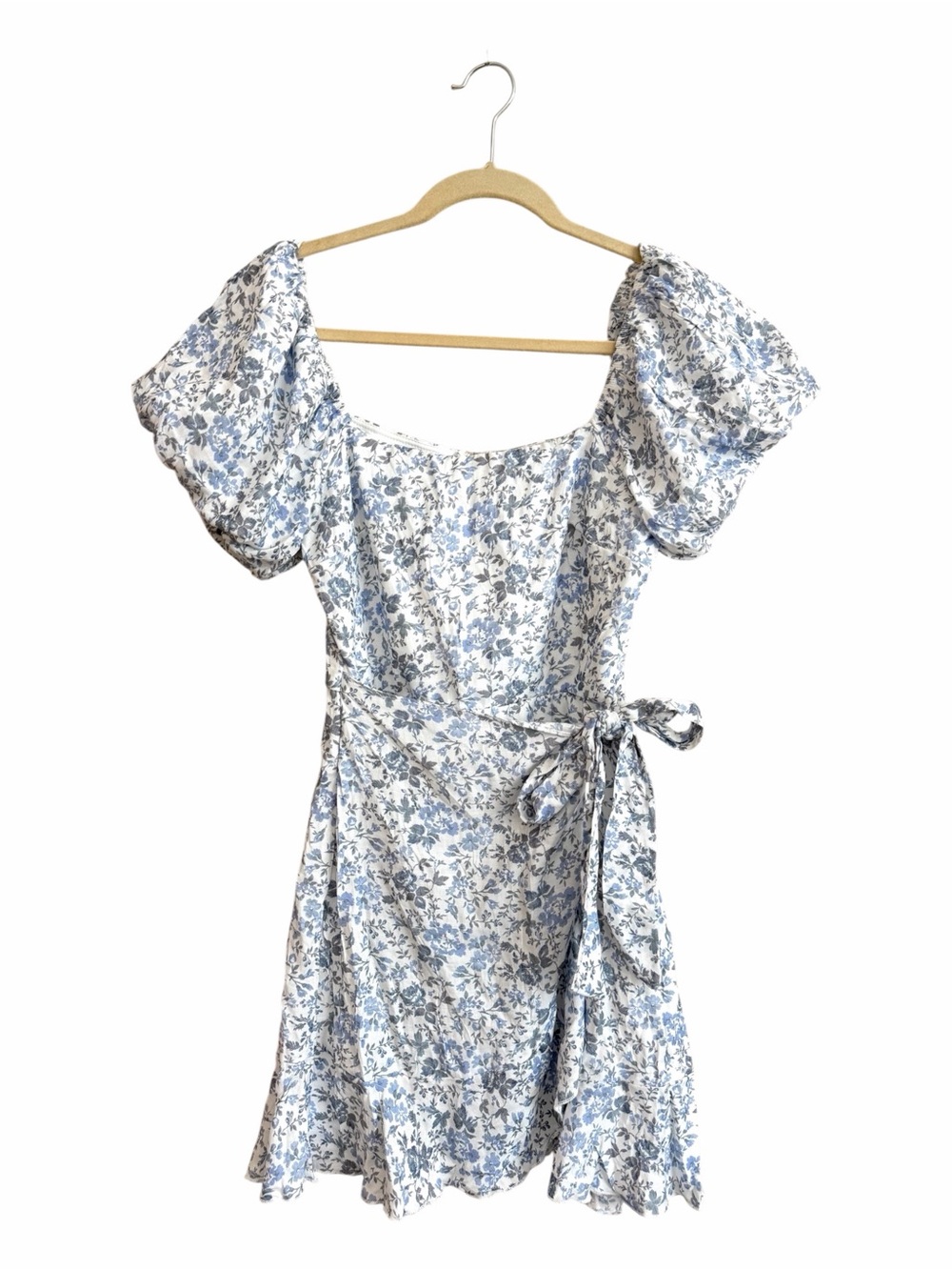 Trixxi Blue Floral Puff-Sleeve Wrap Mini Dress Size Medium